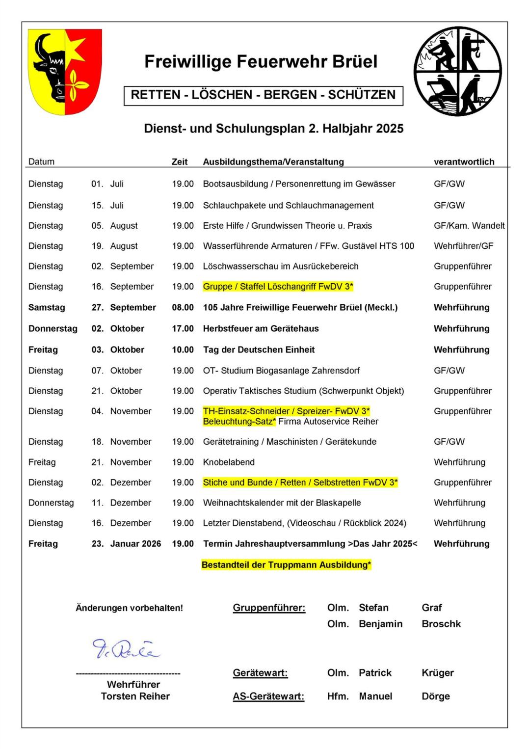 Dienstplan 2.  Halbjahr 2025